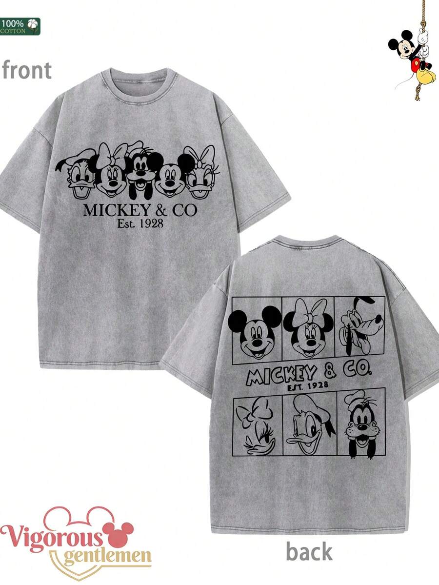 Disney Checkerboard Gray Pattern T-Shirt Summer Clothing Vintage Washed 230g T-Shirt - Grey - View 1