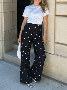 Women's Elegant Casual Minimalist Polka Dot Contrast Color Slim Fit Pants, Suitable For Daily Outings And Street Style, Spring/Summer Black - Black - View 1