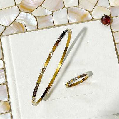 Bộ 1 vòng tay và nhẫn hoa tối giản, thép không gỉ 316 mạ vàng 18K, bộ trang sức độc đáo dành cho nữ.