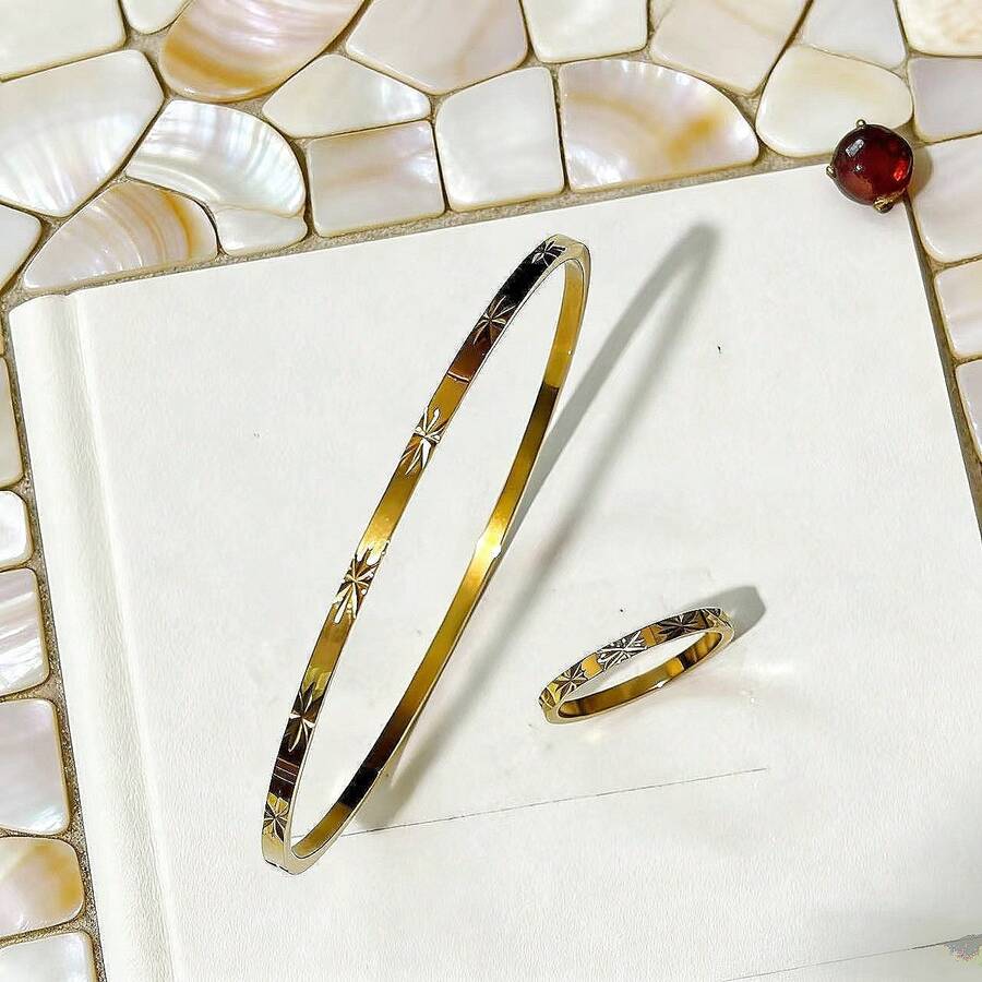 Bộ 1 vòng tay và nhẫn hoa tối giản, thép không gỉ 316 mạ vàng 18K, bộ trang sức độc đáo dành cho nữ. - Bộ hoa số lượng nhỏ - Xem 1