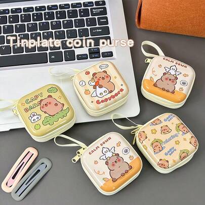Cartoon Capybara Series Metal Coin Purse, With Lanyard Portable Mini Storage Pouch, Earphone Organizer