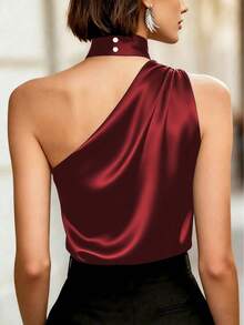 女士纯色垂褶不对称衬衫，适合晚间约会、春夏休闲穿着 - 紅色 - 查看 3