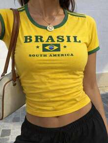 Women's Baby Look T-Shirt, Brazil World Cup, With Green And Yellow Stripes. - Màu vàng - Xem 3