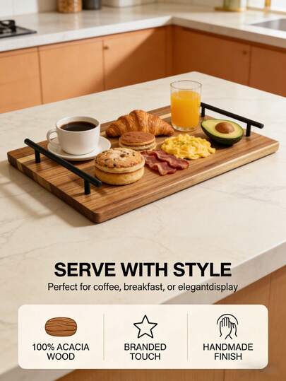 1PC Wooden Tray With Handles, Food Serving Platter For Dessert, Dried Fruit, Snack, Sushi, Cheese, Bread, Breakfast & Afternoon Tea, Kitchen Home Decor, Ideal For Mother's Day Gift