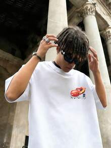 Disney-Cars Lightning McQueen Printed Short Sleeve | American Street Style Loose T-Shirt | Retro Vintage Half Sleeve Top - 白色 - 查看 2