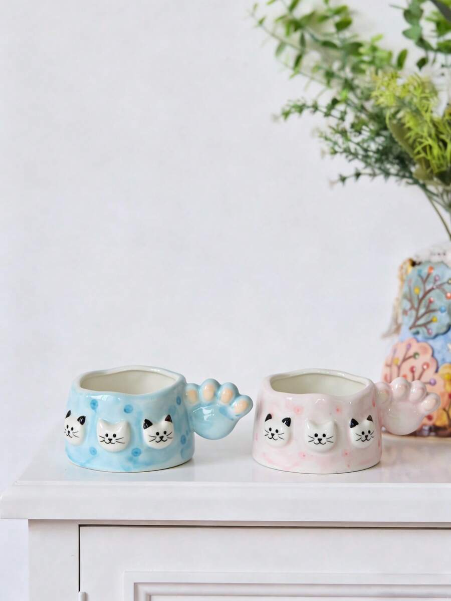 1pc Creative Cute Hand-Painted Cat Paw Handle & Cat Face Ceramic Coffee Mug, Home Use - Multicolor - View 1
