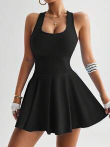 High-Intensity Yoga Pants One-Piece Short Skirt Anti-Bareback Running Sportswear Fitness Tennis Skirt - 黑色 - 查看 2