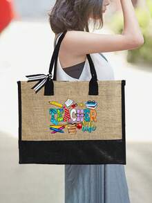 Teacher Letter Pattern Reusable Makeup Bag Set, Including Tote Bag With Shoulder Strap And Cosmetic Bag, Personalized Gift Bag With Side Pocket, Beach Bag With Scarf, Suitable For Holiday, Birthday, Graduation, Daily Use, Beach, Travel, Work, Picnic, Camping - Multicolor - View 7