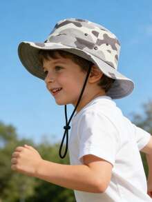 儿童迷彩速干耐用渔夫帽，1顶，可调节下巴带，防风防晒，适合露营、徒步、海滩、度假等场合。 - 1PC - 查看 2