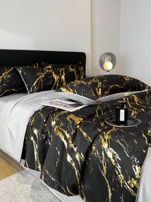 1件极简主义大理石纹箔水洗桑蚕丝轻盈透气柔软夏季被子，可机洗，适合卧室和客房四季使用（不含枕头和枕套） - 流金-墨黑 - 查看 7