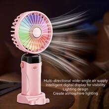 新款手持式彩色渐变风扇，带手机支架和挂绳，小巧便携，可作桌面风扇使用，USB充电，内置1200mAh电池，LED数字显示屏，6档风速，90°可折叠，强劲凉爽的气流，静音设计，适合夏季户外旅行、室内办公室、家庭和车内使用，便携式可折叠降温风扇，母亲节、父亲节、毕业典礼、生日、夏威夷主题派对的理想礼物 - 彩色 - 查看 5