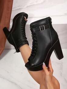 FVPFVP 欧美系带露趾粗跟镂空踝靴、爵士舞鞋、夏季高跟鞋 - 黑色 - 查看 2