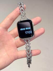 Luxury Diamond Shaped & Wheat Ear Design Stainless Steel Watch Band Strap Compatible With Apple Watch Series 6/SE/2/7/8/9/10 - Silver - View 4