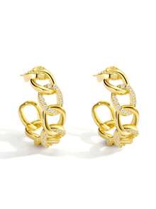 Women's Gold-Plated C-Shaped Earrings, Featuring Thick Chain And Fully Paved Cubic Zirconia Stones, Minimalist Elegant Design, Suitable For Daily Commute And Workwear, An Ideal Gift For Fashion Enthusiasts - Gold - View 6