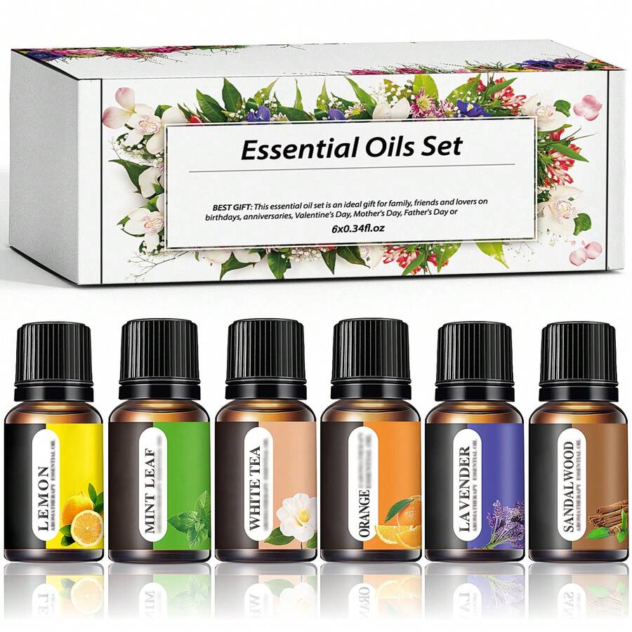 Essential Oil Set (6*0.34oz), 6 Aromatherapy Oil Gift Sets For Home Care, Reed Diffuser Oils, Fragrance, Aromatherapy, Humidifiers Lavender, Lemon, Orange, Peppermint, White Tea, Sandalwood - 6Pcs - 查看 1