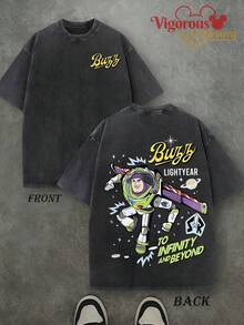 Disney Lilo & Stitch Pattern T-Shirt Summer Clothing  Vintage Washed 230g T-Shirt - 黑色 - 查看 1