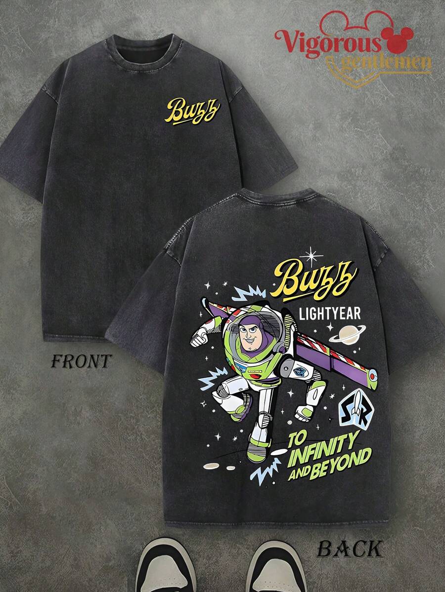 Disney Lilo & Stitch Pattern T-Shirt Summer Clothing  Vintage Washed 230g T-Shirt - 黑色 - 查看 1