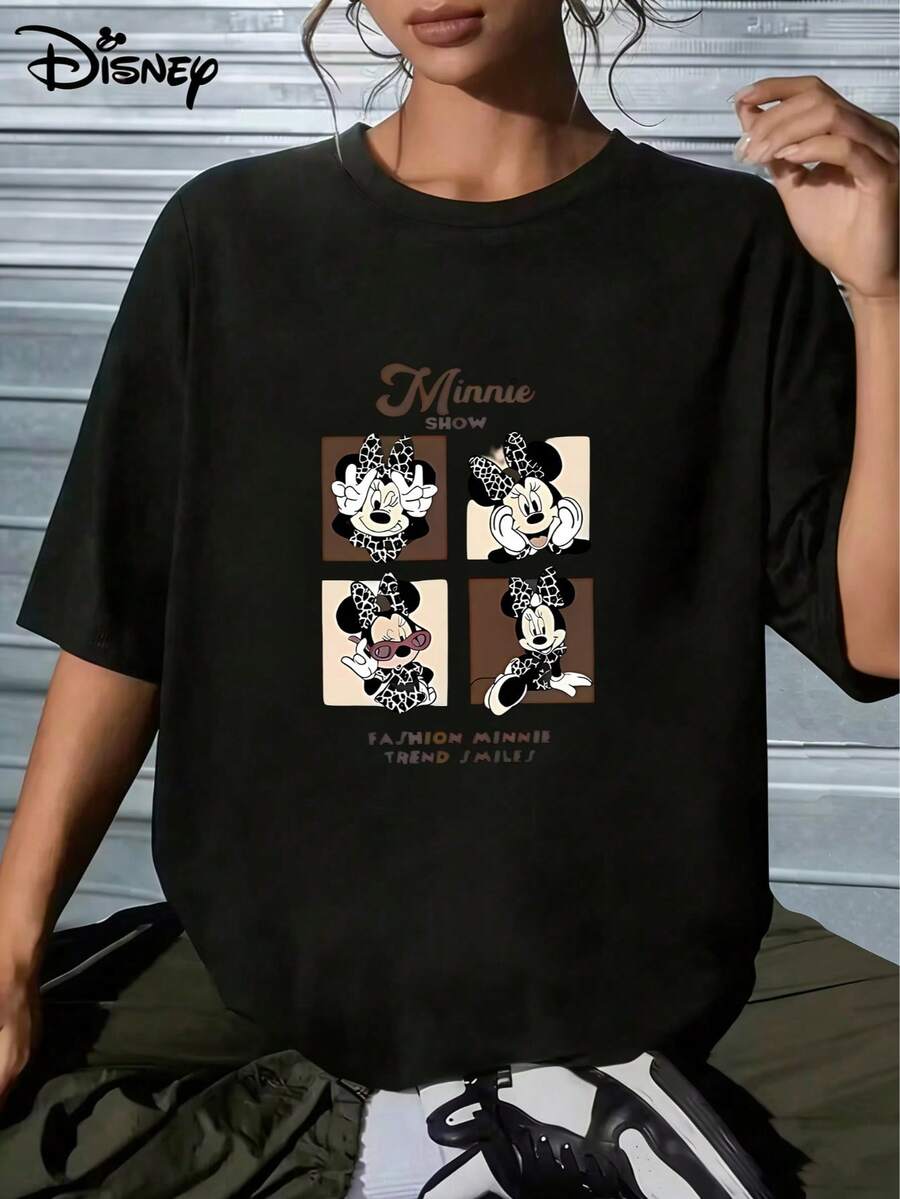 With Minnie Mouse's Fashion Show As Its Core Design Element, This Sweet And Cool Style Is Versatile And Makes It An Ideal Gift For Disney Fans; Suitable For: Holiday Gifts, Themed Parties.Made From Soft, Comfortable, And Durable Pure Cotton, This Is An Ideal Choice For Spring And Summer. This Crew Neck T-Shirt Is Suitable For Various Occasions, Including Everyday Wear, Shopping, Parties, Travel, And Gatherings, And Also Makes A Thoughtful Gift. - Black - View 1