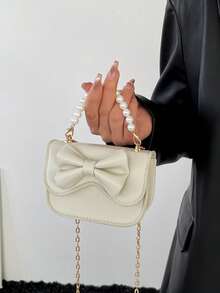 Korean Style Cute Bowknot Faux Pearl Minimalist Large Capacity New Chain Crossbody Handheld Shoulder Bag - White - View 5