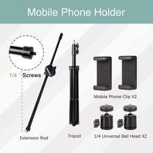 多功能双支架三脚架，160cm 延长，360° 旋转 | 配备双手机支架和平移云台 | 适用于直播 / 摄影 / 美食拍摄 / 照片自拍录制 变焦会议 / 手持自拍 / 户外活动 | 多场景便携式三脚架（含补光灯 DIY 功能）兼容 Android 手机 - 黑色 - 查看 7