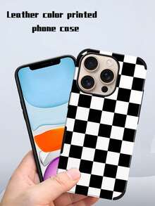 1个格子图案手机壳，时尚简约奢华格子元素UV印花超细纤维皮革软壳保护套，格子防摔耐磨，兼容 11/12 Pro/13/14 Plus/15 Pro Max/16 Pro Max - 黑與白 - 查看 3