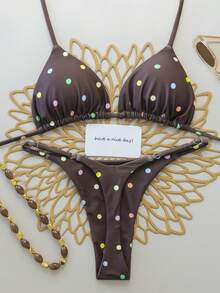 两件套波点性感露背系带比基尼泳装，适合春夏季节、海滩、度假村、舞台和音乐会假期穿着。 - 棕色 - 查看 1