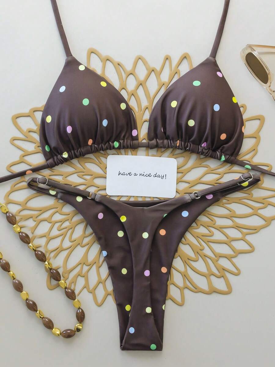两件套波点性感露背系带比基尼泳装，适合春夏季节、海滩、度假村、舞台和音乐会假期穿着。 - 棕色 - 查看 1