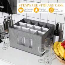 Norme - Paquete de 3 cajas de almacenamiento para copas de vino con divisores 12 compartimentos caja de almacenamiento de vajilla de champaña con mango de tapa ventana organizador de contenedores - Gris - Ver 4