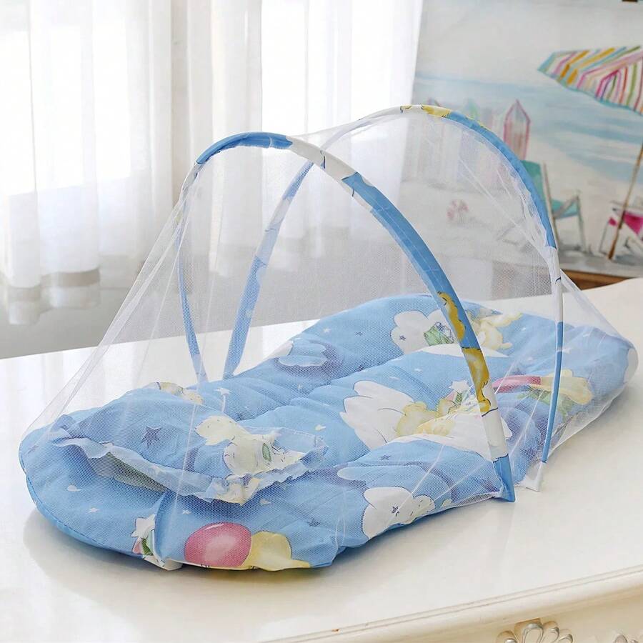 Foldable Mosquito Net For Baby Bed, Portable Polyester Net With Pillow And Cotton Filling, Easy To Install - White - View 1