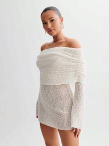 2026 NEW  Knitted Women's Short Beach Skirt With Sexy Perspective Long Sleeved One Shoulder Dress For Women - màu xanh nhạt - Xem 4