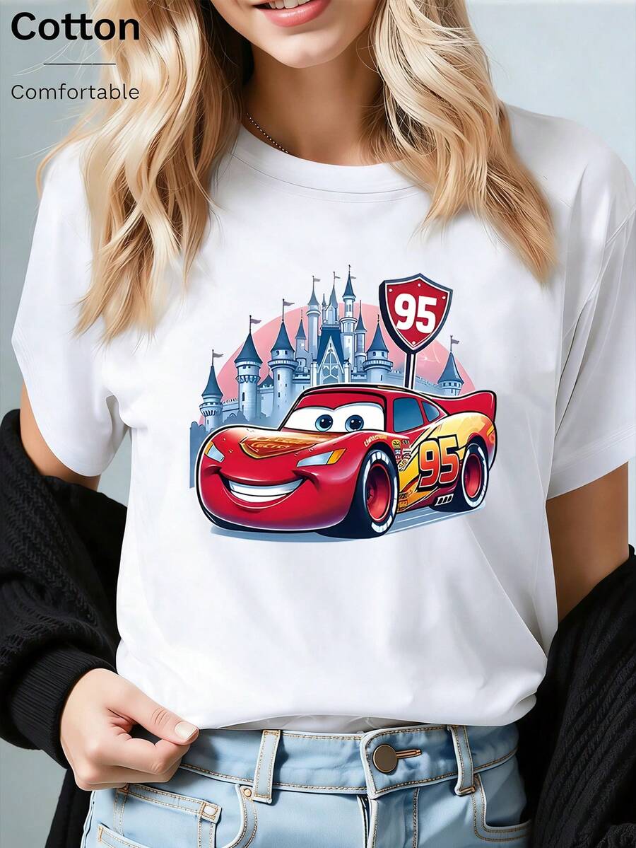 Loose Fitting "Cars" Lightning McQueen Disney Castle Printed T-Shirt, Suitable For Summer And Spring, Short Sleeved Top, Women's Clothing, Holiday Gift Party Clothing. - White - View 1