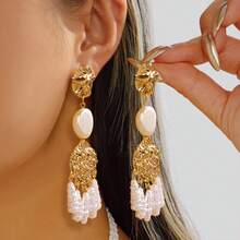 2件套几何流苏椭圆珍珠耳环，适合女士海滩度假旅行佩戴 - 彩色 - 查看 1