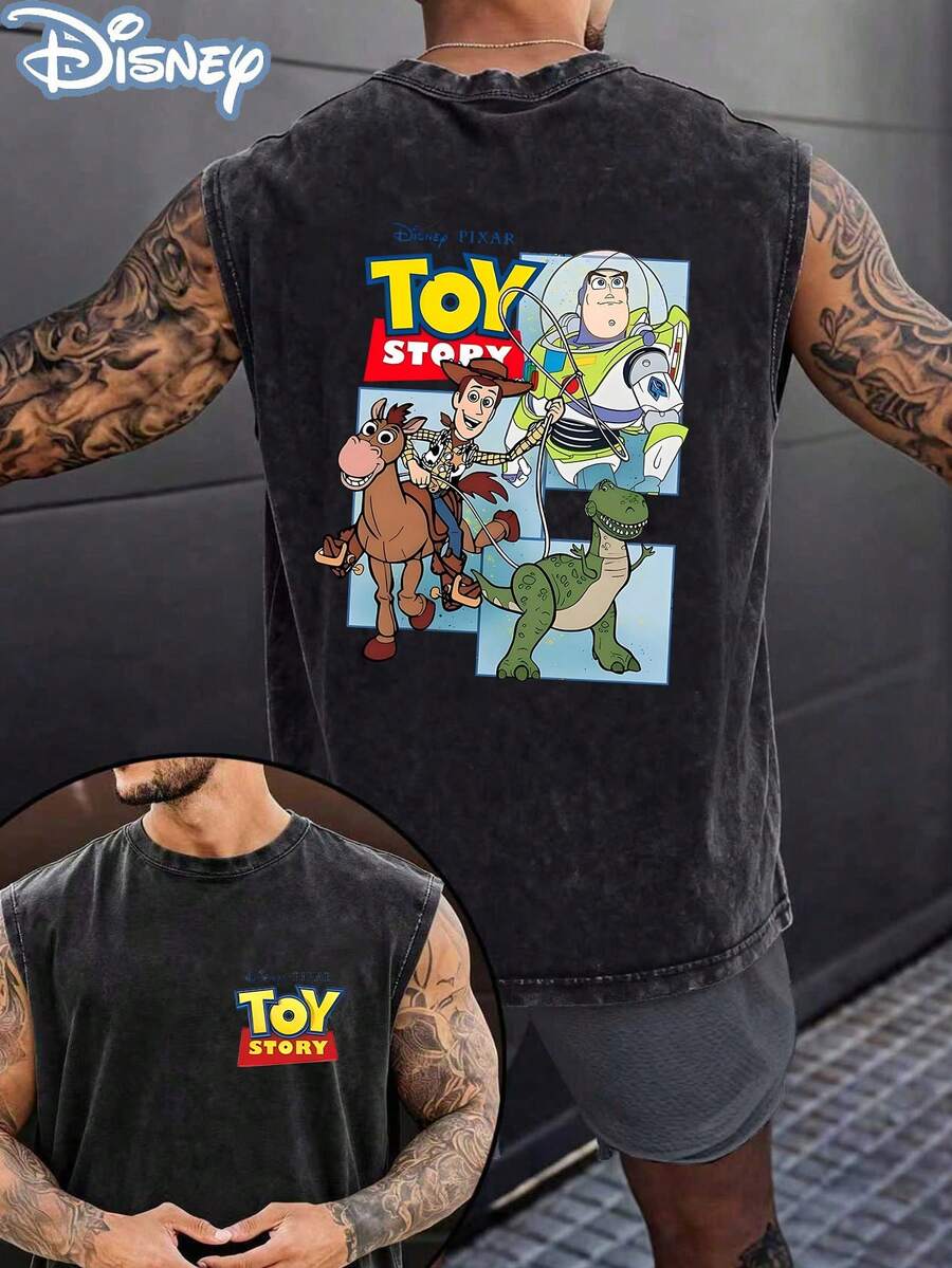 Disney Official Licensed Toy Story Unisex Acid Wash Sleeveless T-Shirt, Woody & Buzz Lightyear Graphic Tank Top, 230g Heavyweight Cotton Blend, Casual Vacation Top, Breathable Summer Wear - Black - View 1