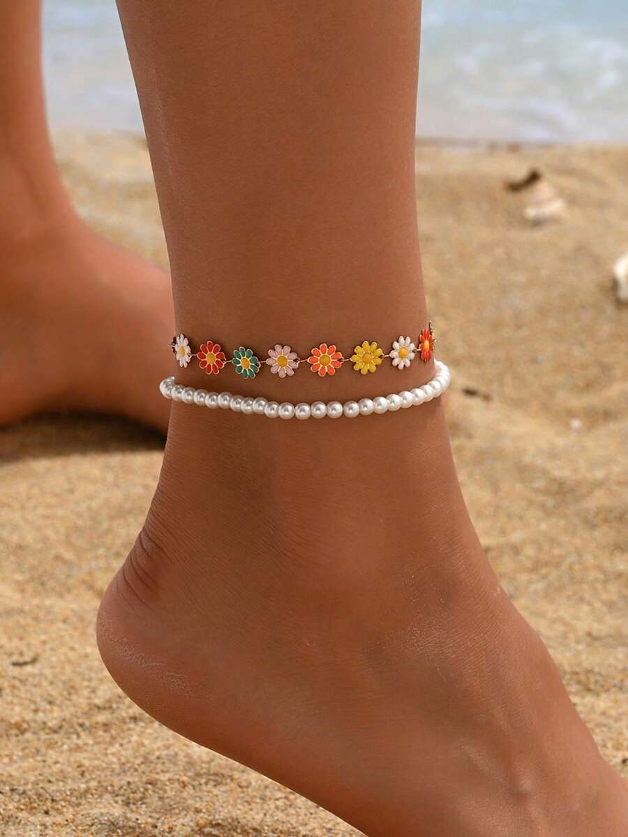 2 pièces Bracelet de cheville double couche à perles de marguerites colorées et fausses perles, chaîne de pied polyvalente pour le port quotidien des enfants. L'ordre des couleurs de la chaîne de marguerites faite à la main est aléatoire. - Multicolore - Voir 1