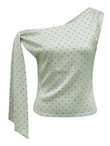 Women Tank Tops Off One Shoulder Sleeveless Dot Print Ruched Summer Crop Going Out Vest - Mint Green - View 6