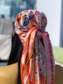 1PC Women's Red & White Paisley Printed Bandana, 90CM Large Satin Square Scarf, Silk-Feel Hair Wrap, Stylish Headscarf For Women, Elegant Hair Accessory For Casual & Formal Wear - 海軍藍 - 查看 1