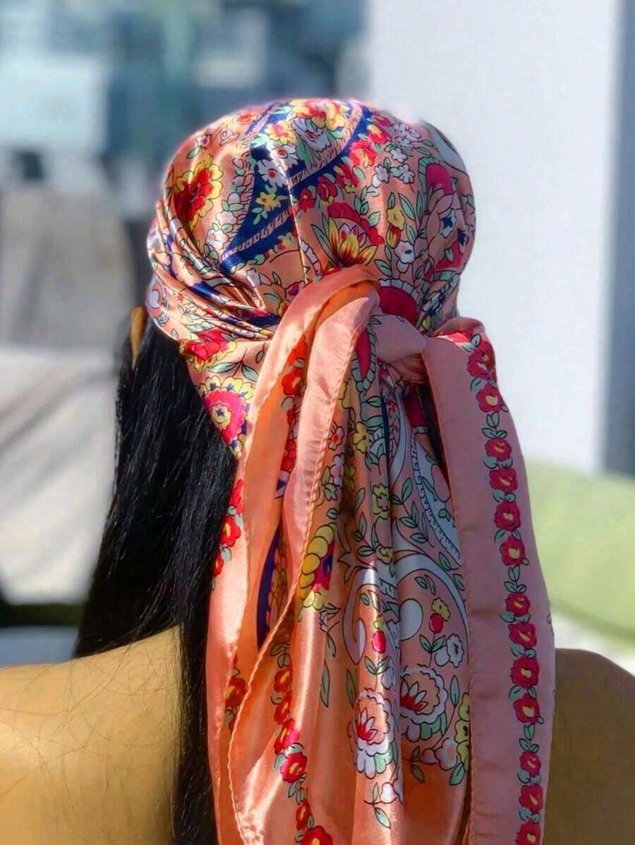 1PC Women's Red & White Paisley Printed Bandana, 90CM Large Satin Square Scarf, Silk-Feel Hair Wrap, Stylish Headscarf For Women, Elegant Hair Accessory For Casual & Formal Wear - 海軍藍 - 查看 1