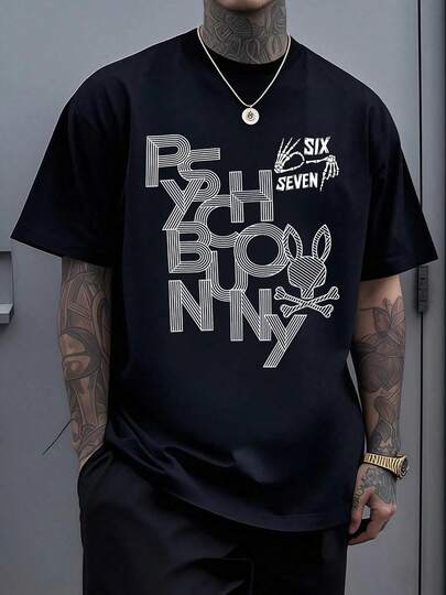 Psychobunny With Six Seven Hands T Shirt,Featuring A Rabbit Skeleton And The Words Spelled Out In A Distorted Font, For Comfort And Edgy Fashion