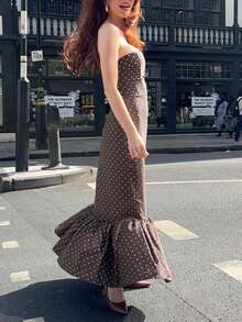 2026 Spring/Summer Fashion: A Strapless Polka Dot Woven Patchwork Maxi Dress, Suitable For Daily Wear, Casual, Office, Street Style, Elegant, Sexy, Beach, Vacation, Bohemian Style, Garden, Evening Gatherings - Coffee Brown - View 2