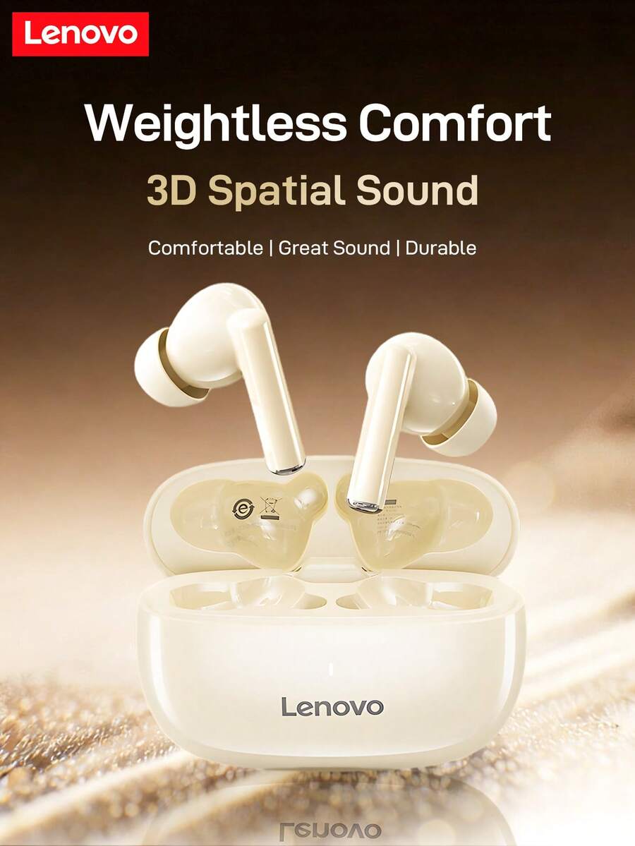 Lenovo TA210 True Wireless Bluetooth Earbuds, Active Noise Cancellation, 13mm Large Driver Unit For Deep Bass, Bluetooth 5.3, Up To 30 Hours Playtime, IPX4 Waterproof, Built-In Microphone - Black/White - Cherry Blossom White - View 1