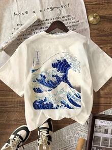Women's Casual Round Neck Short Sleeve Graphic T-Shirt, Wave Art Print, Summer Vacation Beach Outfit - Apricot - View 2