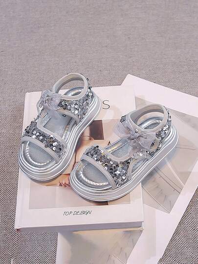 1 Pair Girls' Sequin Platform Sandals, New Summer Princess Style Bow Tie Non-Slip Beach Shoes