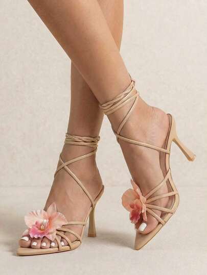 planare New Stylish Casual Vacation Pointed Toe Lace-Up Floral PU Strap Slip-On Comfortable Daily Summer Khaki High Heel Sandals For Women