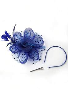 1 Peça Chapéu Fascinator Vintage Estilo Anos 20, 30 e 50 para Mulheres, Peça de Cabeça Encantadora com Laço, Flor e Véu, Adequado para Casamento, Chá da Tarde - Azul Royal - Visão 6