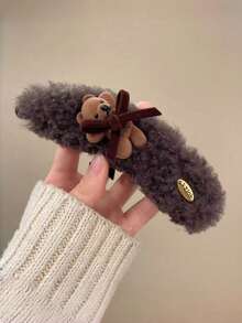 1pc Women's Plush Teddy Bear Bow Hair Clip - Soft Plush Teddy Bear Hair Accessory - Multicolor - View 7