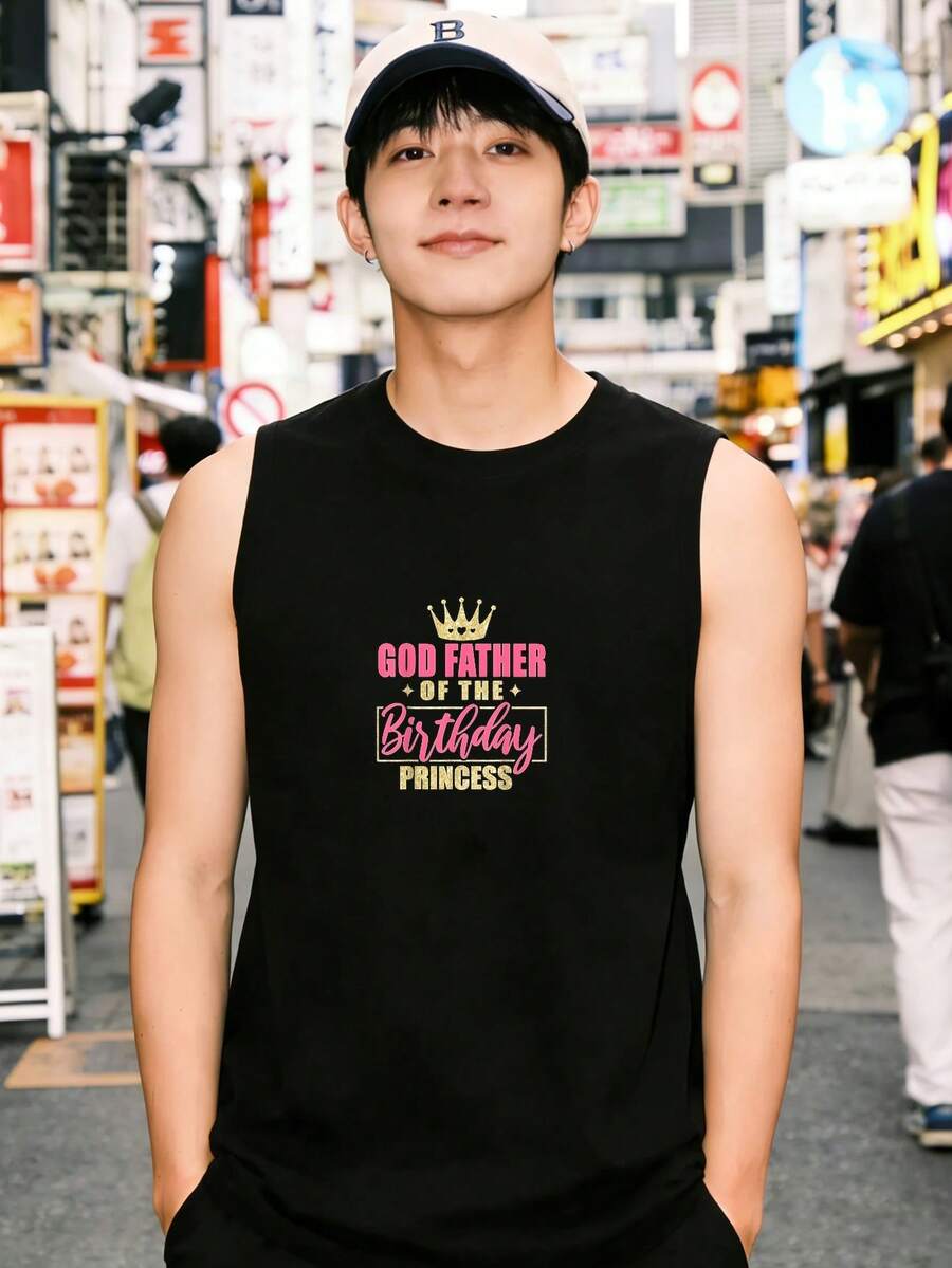 ブラックの無袖Tシャツ「GOD FATHER OF THE Birthday PRINCESS」 プリティー ファッション メンズ キャップ付き - ブラック - チェックする 1