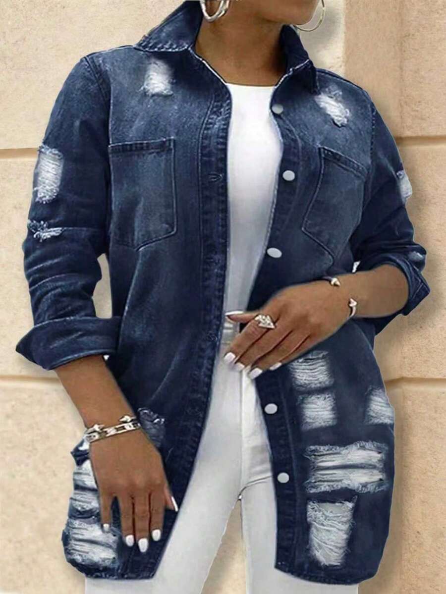 大码女式休闲中长款做旧水洗牛仔外套，秋冬季 - 藍色 - 查看 1