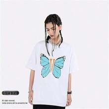 Estilos de moda 2026 Camiseta de manga corta para hombre con estampado de la letra V, estilo casual para parejas, camiseta de manga corta estilo hop. - gris - Ver 3