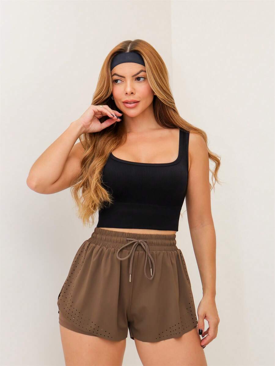 Women's Double Layer Fitness Shorts For Gym, Sports, Yoga, Elastic Polyamide With Pocket 3RD SD1780 - Rỉ Nâu - Xem 1