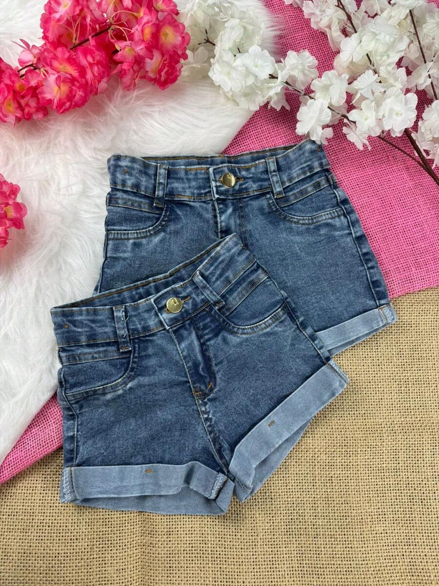 Girls' Denim Shorts With Internal Adjustment, Adjustable Waist, Folded Hem, Comfortable, Children's Fashion. - 中等水洗藍 - 查看 1